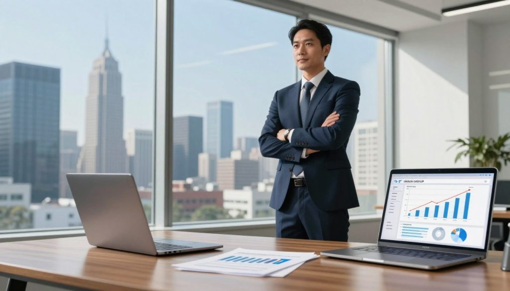 A confident business executive in a sharp, tailored suit stands in a modern office overlooking a bustling city skyline, symbolizing the financial benefits of portage salarial. In the foreground, a polished wooden desk displays financial documents, graphs, and a laptop open to a financial dashboard featuring upward-trending charts. The middle ground shows a large window letting in bright, natural light, enhancing the professional atmosphere. In the background, city towers rise under a clear blue sky, representing growth and opportunity. The brand name "UMALIS GROUP" is subtly featured on a document on the desk. The scene conveys a mood of success and stability, emphasizing the advantageous financial landscape for executive-level professionals utilizing portage salarial.
