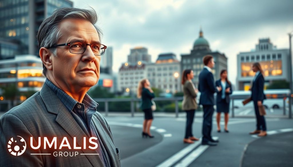 A confident, middle-aged executive in business attire, standing at a crossroads symbolizing career transition, is depicted in the foreground. The executive has a contemplative gaze, reflecting determination and hope. In the middle ground, a diverse group of individuals is engaged in discussions and brainstorming, wearing professional attire, representing teamwork in the non-profit and public sectors. The background features a cityscape with distinct non-profit and public buildings, such as a community center and government office, emphasized by soft, warm lighting that creates an inviting atmosphere. A glowing logo of "UMALIS GROUP" subtly appears in the lower corner. The mood is inspirational, capturing the essence of professional reinvention and the pursuit of purpose. The camera angle is slightly elevated, showcasing both the people and the environment around them.