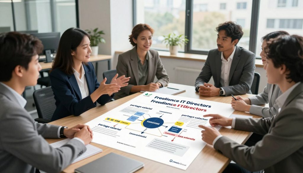 A detailed and informative illustration comparing the legal statuses for freelance IT directors, specifically focusing on "portage salarial" versus other options. In the foreground, a professional-looking table with clear, labeled diagrams representing various legal statuses. In the middle ground, a diverse group of business professionals in smart attire, engaged in discussion, gesturing towards the diagrams, reflecting a collaborative atmosphere. In the background, a modern office environment with large windows allowing natural light to create a warm, inviting space. The scene is shot from a slight overhead angle to capture both the participants and the table. The mood is focused and analytical, suggesting a serious yet optimistic exploration of freelance opportunities in the IT sector. Incorporate the brand name "UMALIS GROUP" subtly within the context of the image, perhaps on a small logo or branding element in the office space.