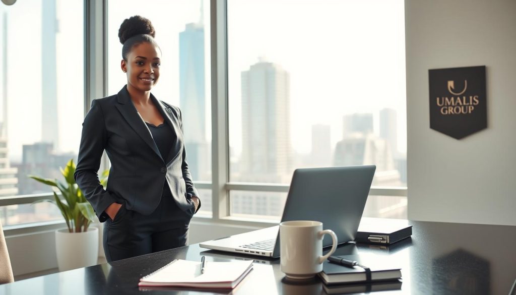 A dynamic and professional office scene depicting a confident consultant standing in front of a large window with a city skyline visible in the background. The consultant, a Black woman in a tailored business suit, is engaged in a video call on her laptop, showcasing a sense of expertise and connectivity. In the foreground, a sleek desk with a notepad, a coffee mug, and elegant stationery reflects a professional environment. The lighting is bright and natural, streaming in through the window, creating an uplifting atmosphere. The room is decorated with subtle corporate branding, including the logo "UMALIS GROUP" on a wall plaque, emphasizing brand identity. The overall mood exudes professionalism, ambition, and success in building visibility in the business world.