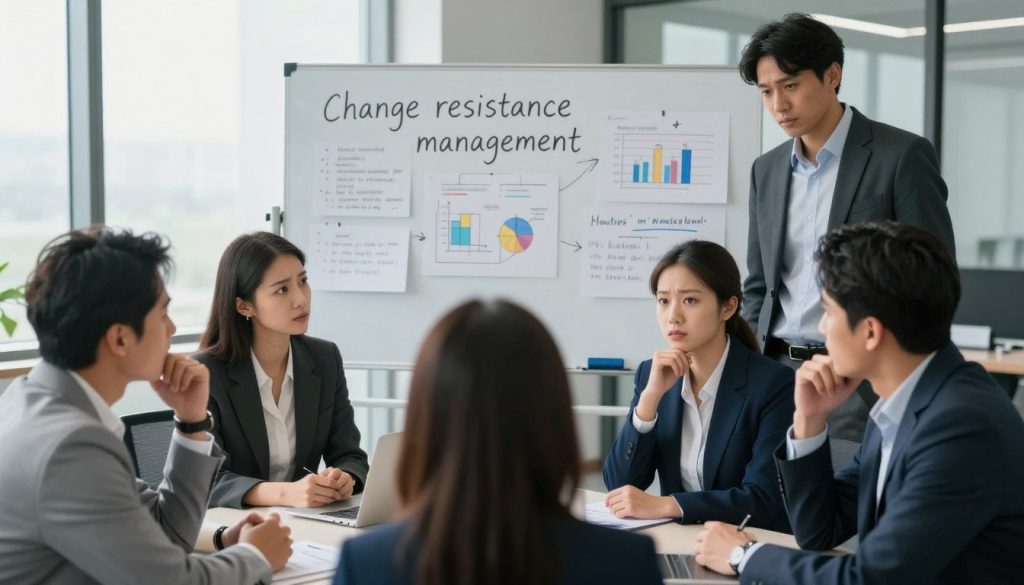 A dynamic corporate meeting scene depicting the theme of "change resistance management." In the foreground, a diverse group of five professionals in business attire are engaged in a discussion, showcasing expressions of concern and determination. The middle ground features a whiteboard filled with brainstorming notes and charts illustrating the challenges and strategies of managing change resistance. The background includes a modern office environment with large windows allowing soft, natural light to illuminate the scene, creating a motivating atmosphere. The angle is slightly overhead, capturing the intensity of the meeting, while ensuring all participants appear respectful and focused. This visual is branded subtly with "UMALIS GROUP" incorporated into the meeting materials, emphasizing professionalism and collaboration.