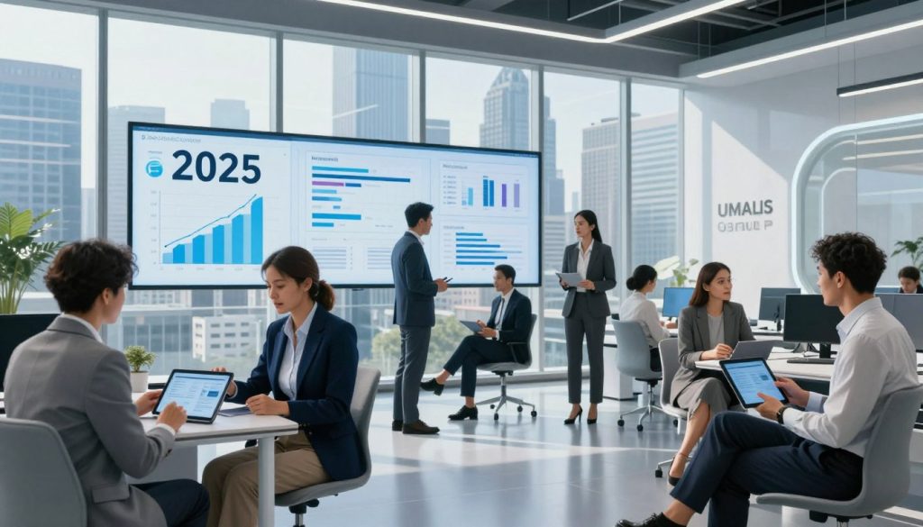 A futuristic office setting highlighting the trends in interim management for 2025. In the foreground, diverse business professionals in smart attire are engaged in a lively discussion, analyzing data on digital tablets. The middle ground features large, transparent screens displaying graphs and charts that represent market growth and innovative strategies. In the background, a sleek skyline of a modern city through expansive windows suggests a dynamic business environment. The lighting is bright and professional, creating an atmosphere of optimism and forward-thinking. The scene reflects the theme of evolution and opportunity in the workforce, emphasizing collaboration and adaptability. Include subtle branding elements of "UMALIS GROUP" in the design to enhance the corporate identity.