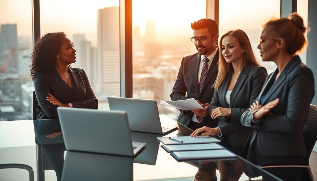 A group of diverse IT executives in professional attire engaged in a dynamic discussion in a modern office setting, illustrating the concept of "témoignages DSI portage salarial." The foreground features three individuals: a confident Black woman, a thoughtful Asian man, and a determined Caucasian woman, all sharing their experiences. The middle ground includes a glass conference table with laptops and documents strategically placed, hinting at collaborative efforts. The background reveals a large window with a cityscape view, suggesting progress and opportunity, washed in warm morning light that enhances the atmosphere of innovation and professionalism. The overall mood is inspiring and forward-looking, emblematic of the journey taken by CIOs under UMALIS GROUP's portage salarial model.