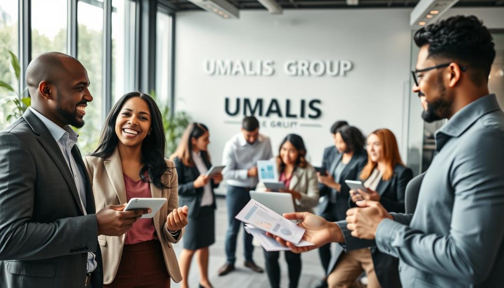 A group of diverse professionals in a modern office environment, engaged in a dynamic networking session. In the foreground, two men and a woman, dressed in professional business attire, are exchanging business cards and ideas, smiling and showcasing positive body language. In the middle, other professionals can be seen in small clusters, discussing and collaborating over laptops and tablets, with visual elements like graphs or charts in the air indicating active brainstorming. The background features a stylish meeting room with glass walls, greenery, and natural light streaming in through large windows, creating an open and inviting atmosphere. The overall mood is energetic and focused, symbolizing the importance of building and activating a professional network. Include the brand name "UMALIS GROUP" subtly on an office wall. The image should capture a sense of opportunity and professional growth.