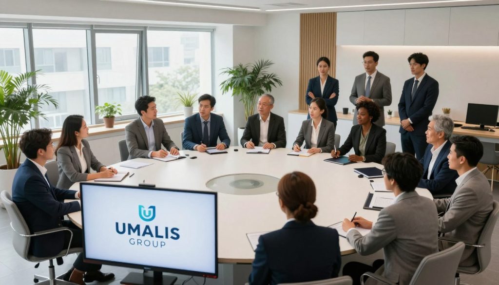 A modern, sophisticated training room designed for executive coaching and professional retraining, featuring a large round table surrounded by diverse professionals in business attire, actively engaged in discussion and brainstorming. The foreground showcases a sleek presentation screen displaying the logo "UMALIS GROUP". In the middle ground, a mix of men and women of various ethnicities share ideas, holding notebooks and tablets, indicating collaboration and dynamic learning. The background includes large windows with natural light pouring in, plants in modern pots, and contemporary décor, creating an inspiring atmosphere. The image is bright and inviting, with a focus on professionalism and empowerment, captured with a wide-angle lens to show the entirety of the space, emphasizing a sense of growth and opportunity.