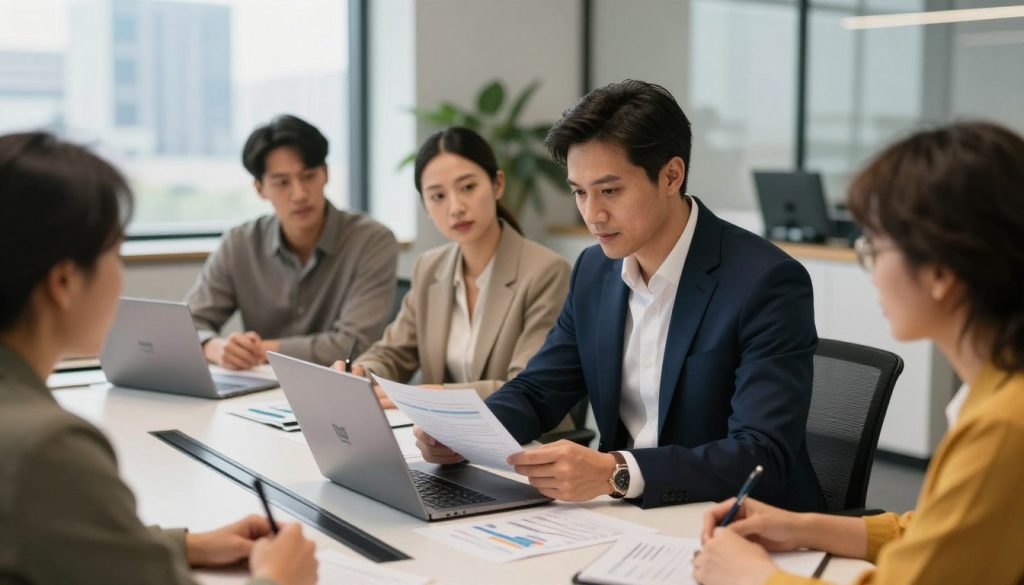 A professional IT director engaged in a consulting session, dressed in a sharp, tailored business suit, sitting at a modern conference table. The director is reviewing documents and analyzing data on a sleek laptop, reflecting a focused demeanor. Surrounding them are diverse colleagues in business casual attire, engaged in discussion and brainstorming. The office environment is bright and contemporary, featuring large windows with a cityscape in the background and stylish decor. Warm, natural lighting enhances the collaborative atmosphere. Shot from a slightly elevated angle with a shallow depth of field to emphasize the director's focused expression. The logo "UMALIS GROUP" subtly incorporated into the laptop's screen backdrop.