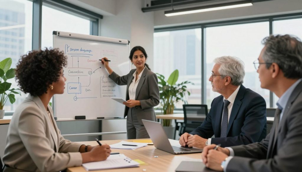 A professional and modern image depicting a diverse group of senior executives engaged in a brainstorming session about career reconversion. In the foreground, a Black woman and a Caucasian man are discussing ideas, both dressed in smart business attire. In the middle ground, a South Asian woman is writing on a digital whiteboard, tackling innovative strategies to transition into emerging sectors. The background features a sleek, contemporary office setting with large windows letting in natural light, plants, and a city skyline view. The atmosphere is collaborative and inspiring, showcasing determination and focus. The image subtly includes the logo of UMALIS GROUP on visible office supplies. Use a warm, inviting color palette, with soft lighting to evoke a professional yet approachable mood.
