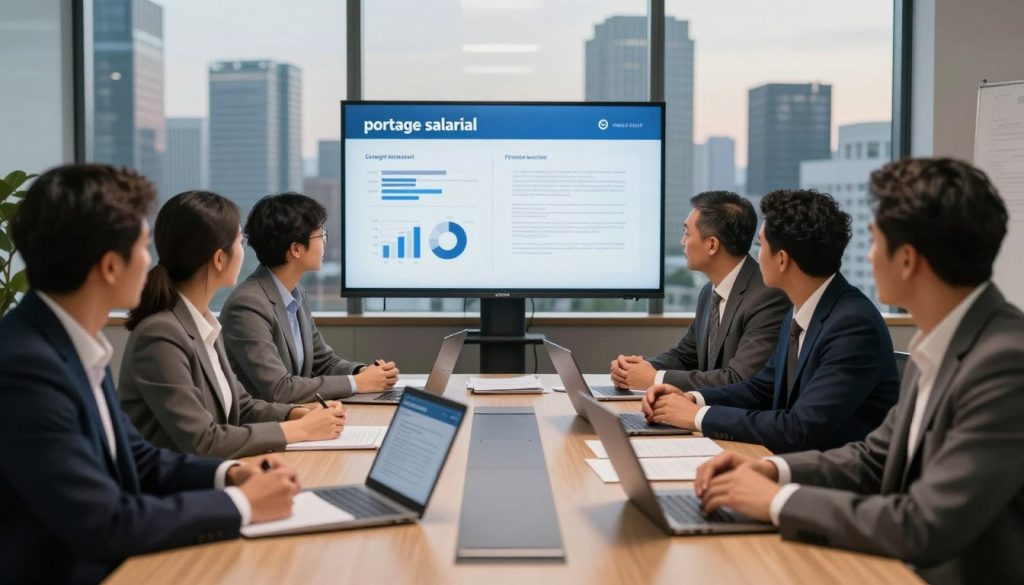 A professional and modern office setting reflecting a sophisticated atmosphere. In the foreground, a diverse group of business professionals wearing tailored business attire engage in a focused discussion around a conference table filled with documents and digital devices, symbolizing the legal framework of "portage salarial." In the middle ground, an elegant presentation screen displays charts and contracts related to contract management for executives. The background features a panoramic view of a bustling city skyline through large windows, suggesting growth and opportunity. Soft, warm lighting enhances the professionalism of the scene, creating a sense of collaboration and trust. Include subtle branding elements of "UMALIS GROUP" integrated into the conference materials, ensuring it complements the overall aesthetic without being intrusive.
