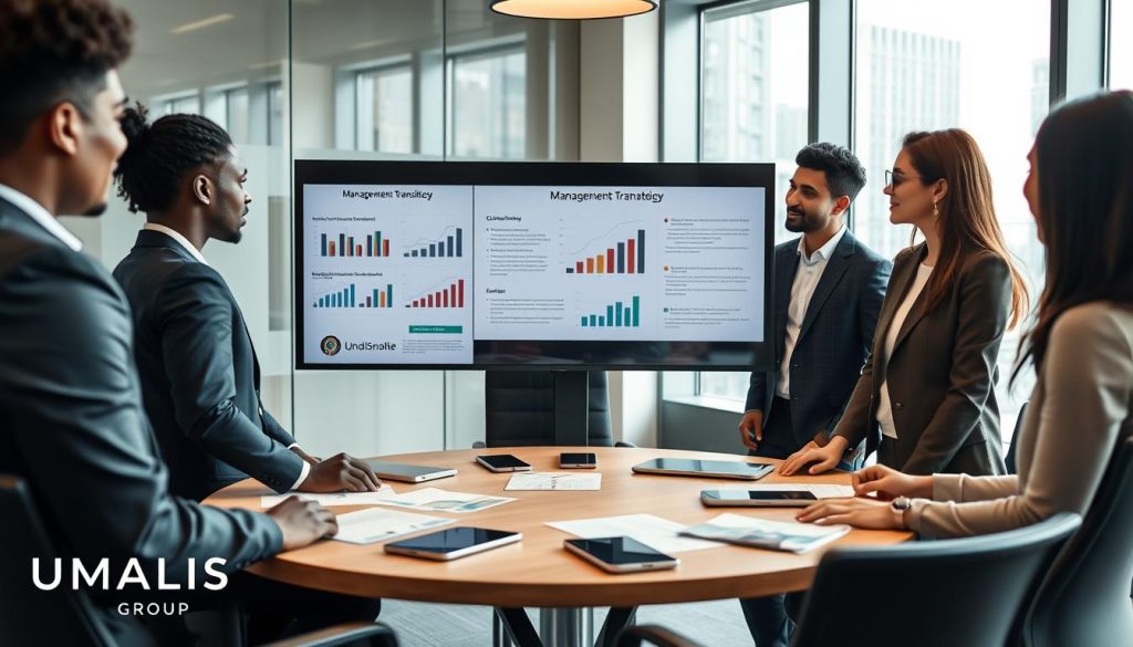 A professional business meeting room set in a modern corporate office, showcasing a diverse group of business professionals in smart attire engaged in a dynamic discussion. In the foreground, three individuals—one Black woman, one Hispanic man, and one Asian woman—are analyzing a strategic presentation on a digital screen, with charts and graphs illustrating management transition strategies. The middle scene features a round conference table with digital devices and documents scattered around, emphasizing collaboration. Soft, natural lighting filters through large windows in the background, creating a warm and inviting atmosphere. The overall mood is focused yet optimistic, highlighting essential skills for successful management transition. Subtle branding elements of “UMALIS GROUP” are integrated into the design of the room, enhancing professionalism without overpowering the scene.