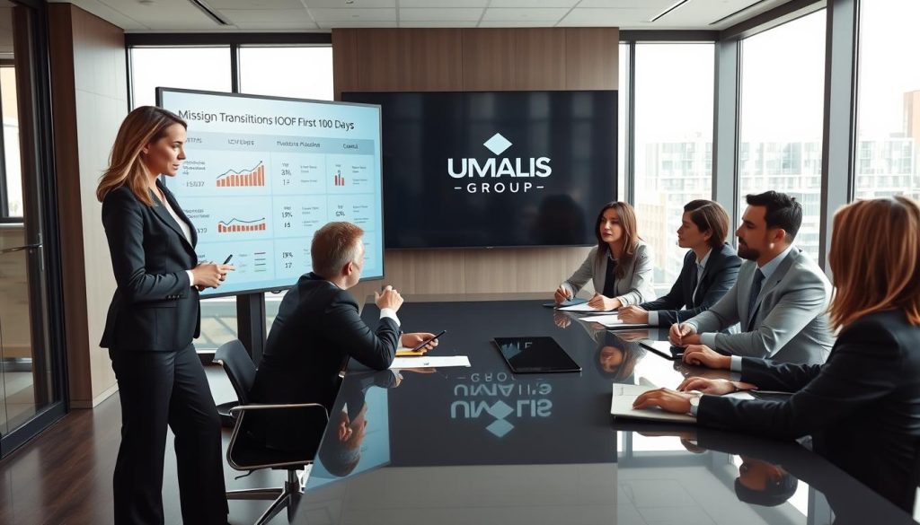 A professional business meeting scene depicting a diverse group of executives engaged in strategic planning for a transitional mission. In the foreground, a confident female executive, dressed in a tailored suit, stands by a large touchscreen display, highlighting key metrics and goals for their first 100 days. In the middle, male and female team members, in professional business attire, are seated around a sleek conference table, discussing and taking notes, showcasing collaboration and engagement. The background features a modern office with large windows letting in natural light, creating an open and bright atmosphere. A subtle logo of "UMALIS GROUP" appears on the presentation screen. The overall mood conveys determination and focus, with a balanced composition that emphasizes teamwork and strategic direction.