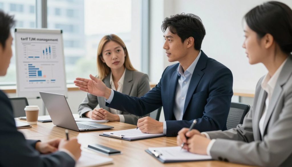 A professional business meeting setting, focusing on a group of diverse consultants engaged in a negotiation discussion. In the foreground, a confident male consultant with short dark hair, wearing a tailored navy suit, gestures towards a chart displaying consulting rates, symbolizing "tarif TJM management." Beside him, a female consultant with shoulder-length blonde hair, dressed in a smart gray blazer, intensely listens while taking notes. In the middle ground, a polished wooden conference table with notebooks, a laptop, and a coffee mug, creating a collaborative atmosphere. The background features a large window with natural light flooding the room, overlooking a modern cityscape. The overall mood is focused and professional, highlighting the importance of effective negotiation strategies. Include subtle branding elements of "UMALIS GROUP". A professional business meeting setting, focusing on a group of diverse consultants engaged in a negotiation discussion. In the foreground, a confident male consultant with short dark hair, wearing a tailored navy suit, gestures towards a chart displaying consulting rates, symbolizing "tarif TJM management." Beside him, a female consultant with shoulder-length blonde hair, dressed in a smart gray blazer, intensely listens while taking notes. In the middle ground, a polished wooden conference table with notebooks, a laptop, and a coffee mug, creating a collaborative atmosphere. The background features a large window with natural light flooding the room, overlooking a modern cityscape. The overall mood is focused and professional, highlighting the importance of effective negotiation strategies. Include subtle branding elements of "UMALIS GROUP".