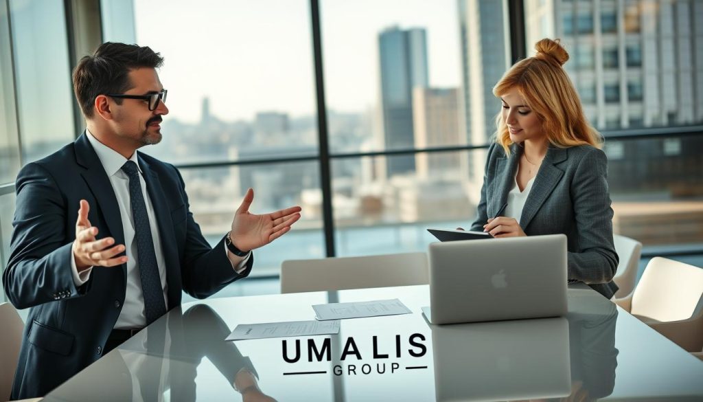 A professional business setting featuring a confident male and female leader discussing the concept of "portage salarial." In the foreground, the male leader, in a sharp navy suit and tie, gestures as he speaks, while the female leader, in a classy gray blazer, listens intently, jotting down notes on a tablet. In the middle, an elegant conference table is adorned with documents and a laptop, representing a productive work environment. The background shows a modern office with glass walls, city skyline visible through large windows, indicating a vibrant urban atmosphere. Bright, natural lighting floods the scene, creating an inviting mood. An logo of "UMALIS GROUP" subtly placed on the conference table. Emphasize professionalism and collaboration, with a focus on the themes of leadership and innovative business practices.