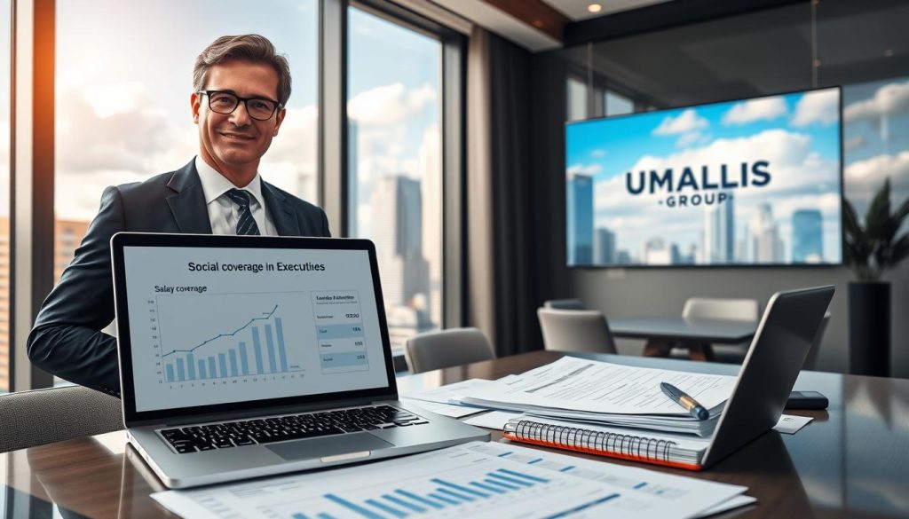 A professional business setting showcasing a confident executive in smart business attire, standing at a desk filled with documents related to social coverage and salary portage. In the foreground, a laptop displays graphs and financial data highlighting the benefits of social coverage. In the middle ground, a sleek conference room is visible with large windows letting in soft, natural light that creates an inviting atmosphere. The background features a modern cityscape suggesting ambition and opportunity, with blue skies and fluffy clouds adding a positive mood. The branding of "UMALIS GROUP" is subtly integrated into the environment, perhaps on a notebook or a wall display. The overall ambiance should convey success, professionalism, and security in the context of social coverage for executives.