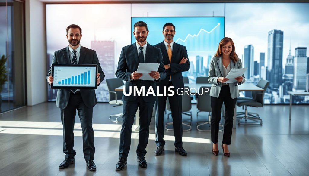 A professional business setting showcasing the contrast between "portage salarial" and other freelance statuses for IT directors. In the foreground, a diverse group of two business professionals in smart attire, one representing portage salarial, holding a digital tablet displaying graphs and charts. The other, symbolizing other freelance statuses, holds traditional paperwork. In the middle ground, a modern office environment with a large conference table and a digital screen displaying statistics. The background features abstract representations of financial growth, collaboration, and a city skyline. Soft, natural lighting creates a focused yet dynamic atmosphere, emphasizing innovation and professionalism. Include the brand name "UMALIS GROUP" subtly integrated into the scene.