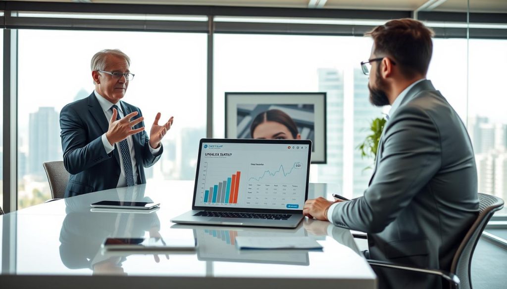 A professional consultant in a business suit negotiating in a modern office environment, with a sleek table and digital devices around. The foreground features a focused consultant, gesturing confidently while explaining strategies to a client seated across the table. In the middle, financial charts and a pricing grid are displayed on a laptop screen, symbolizing the negotiation of consultancy rates. The background shows a large window with a cityscape view, filled with natural light, creating a bright, optimistic atmosphere. The mood is one of collaboration and professionalism, emphasizing strategic discussion. Include elements that represent the brand identity of "UMALIS GROUP" subtly on a framed wall art or desk accessory. Soft focus on the background to accentuate the subjects in action. A professional consultant in a business suit negotiating in a modern office environment, with a sleek table and digital devices around. The foreground features a focused consultant, gesturing confidently while explaining strategies to a client seated across the table. In the middle, financial charts and a pricing grid are displayed on a laptop screen, symbolizing the negotiation of consultancy rates. The background shows a large window with a cityscape view, filled with natural light, creating a bright, optimistic atmosphere. The mood is one of collaboration and professionalism, emphasizing strategic discussion. Include elements that represent the brand identity of "UMALIS GROUP" subtly on a framed wall art or desk accessory. Soft focus on the background to accentuate the subjects in action.