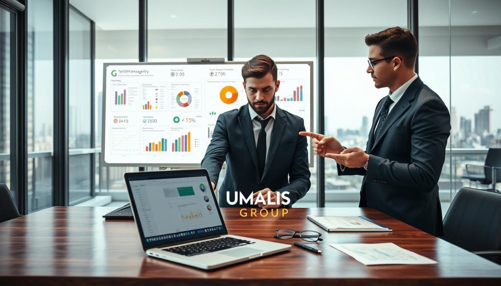 A professional consultant's workspace with an elegant wooden desk displaying a variety of tools for management pricing strategies, including a laptop open to a spreadsheet of "Tarifs TJM management." In the foreground, two consultants in smart business attire are engaged in discussion, one pointing to the screen and the other taking notes. In the middle ground, a sleek whiteboard is filled with colorful charts and graphs illustrating pricing models across various domains of expertise. The background features a modern office environment with glass walls, large windows allowing natural light to flood in, and a city skyline visible outside. The mood is focused and collaborative, conveying a sense of professionalism and strategic planning. Brand name "UMALIS GROUP" is subtly represented on the laptop screen and not overly emphasized. A professional consultant's workspace with an elegant wooden desk displaying a variety of tools for management pricing strategies, including a laptop open to a spreadsheet of "Tarifs TJM management." In the foreground, two consultants in smart business attire are engaged in discussion, one pointing to the screen and the other taking notes. In the middle ground, a sleek whiteboard is filled with colorful charts and graphs illustrating pricing models across various domains of expertise. The background features a modern office environment with glass walls, large windows allowing natural light to flood in, and a city skyline visible outside. The mood is focused and collaborative, conveying a sense of professionalism and strategic planning. Brand name "UMALIS GROUP" is subtly represented on the laptop screen and not overly emphasized.