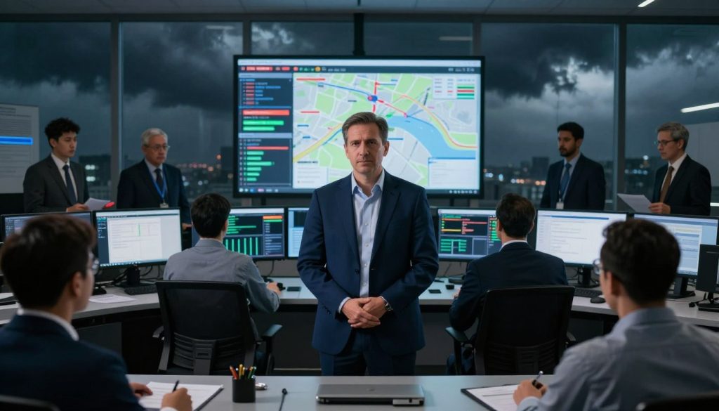 A professional crisis manager stands confidently at the forefront of an emergency operations center, surrounded by high-tech equipment and monitors displaying real-time data. The manager, a middle-aged individual dressed in a sharp navy suit, conveys calm authority while directing a diverse team of professionals—each focused and engaged, wearing business attire. In the mid-ground, a large screen showcases various graphs and maps related to the crisis, highlighting the tension and urgency of the situation. The background features darkened windows revealing a stormy sky, casting dramatic shadows that enhance the atmosphere of high stakes and intensity. The lighting is slightly dim, with focused spots illuminating the manager’s determined expression. The composition captures a moment of strategic decision-making, embodying the essence of leadership during turbulent times. The brand name "UMALIS GROUP" subtly integrated into the overall setting reinforces professionalism and expertise.