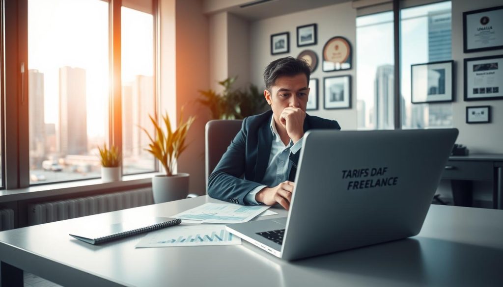 A professional freelance CFO (Directeur Financier) seated at a modern office desk, deep in thought while reviewing financial reports on a laptop. The ambiance is a sleek, contemporary office space with large windows allowing natural light to flood the room, creating a bright and inspiring atmosphere. In the foreground, a crisp financial chart can be seen on the laptop screen, with graphs and data visuals illustrating "Tarifs DAF freelance". The middle ground features a stylish office chair, plants, and a wall adorned with framed financial accolades. In the background, city skyscrapers are visible through the windows. Soft lighting enhances a focused yet tranquil mood, promoting a sense of professionalism and competence. Include a discreet logo of "UMALIS GROUP" on the desk for branding.