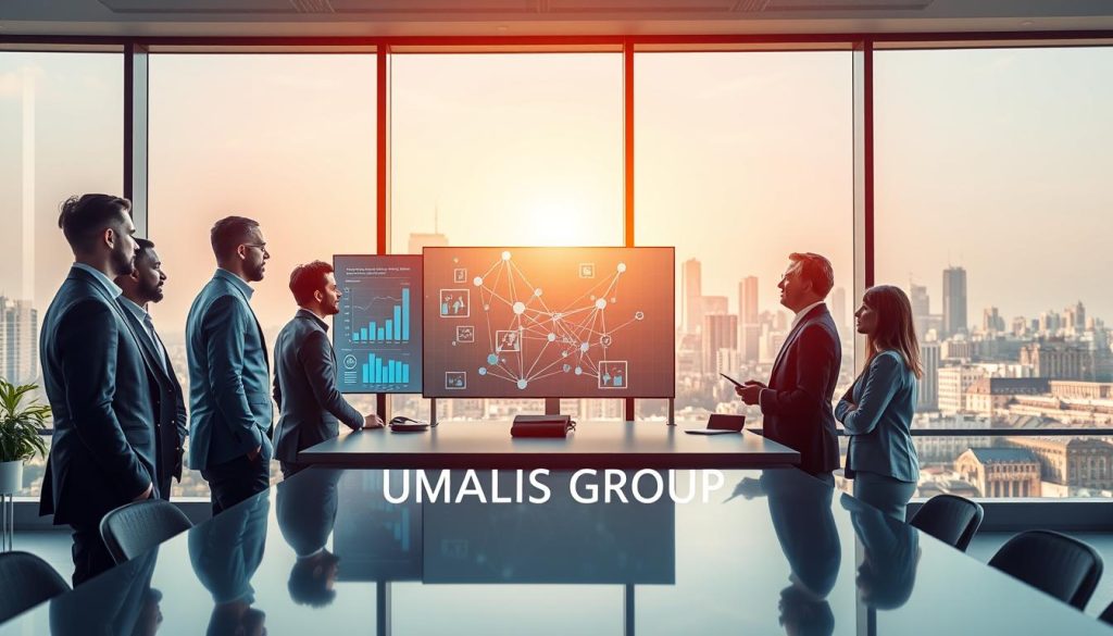 A professional networking scene showcasing the concept of "efficacité du réseau". In the foreground, a diverse group of professionals, including men and women of various ethnicities, dressed in smart business attire, engaged in a dynamic discussion around a modern conference table. The middle ground features a digital screen displaying graphs and network diagrams, symbolizing effective connections and growth. In the background, large windows reveal a vibrant city skyline, bathed in warm, natural light that evokes a sense of optimism and opportunity. The overall atmosphere should convey professionalism, collaboration, and success, establishing the significance of evaluating one's professional network. The brand name "UMALIS GROUP" subtly integrated within the design elements.