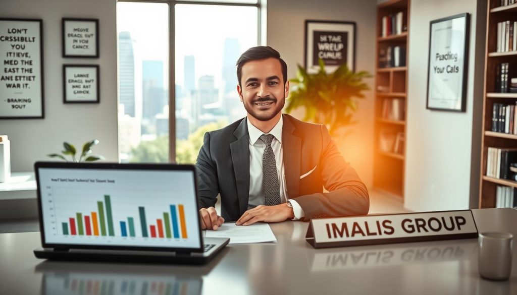 A professional senior consultant seated at a modern, sleek desk in a well-lit office environment, dressed in a tailored suit, exuding confidence and expertise. The foreground features an open laptop displaying charts and graphs, emphasizing data-driven decision-making. In the middle ground, a large window reveals a bustling cityscape, symbolizing growth and opportunity, with greenery visible outside for a touch of warmth. The background is adorned with motivational quotes framed on the wall and bookshelves filled with business literature. Soft, natural lighting floods the room, creating an inviting and productive atmosphere. The overall vibe is inspiring and focused, capturing the essence of a senior consultant at the peak of their career. Incorporate the brand name "UMALIS GROUP" subtly on a desk nameplate, enhancing the professional setting.