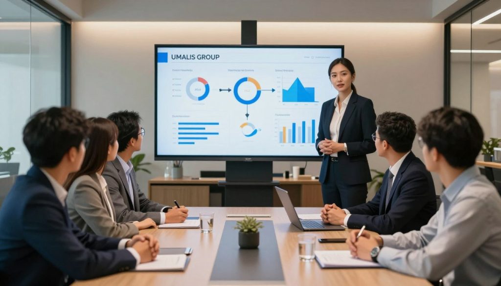 A professional setting showcasing a confident business consultant leading a transitional management meeting. In the foreground, a diverse group of professionals dressed in smart business attire engaged in discussion around a sleek conference table. The middle layer features a large digital screen displaying analytics and transition strategies, with charts and graphs vividly presented. The background includes modern office elements, such as glass walls and contemporary furniture, creating an atmosphere of innovation and collaboration. Soft, warm lighting enhances the professional mood, while a slight depth of field focuses on the engaged faces of the participants. Emphasize the brand "UMALIS GROUP" in the environment, subtly incorporated into the office design, reflecting expertise and professionalism in transitional management.