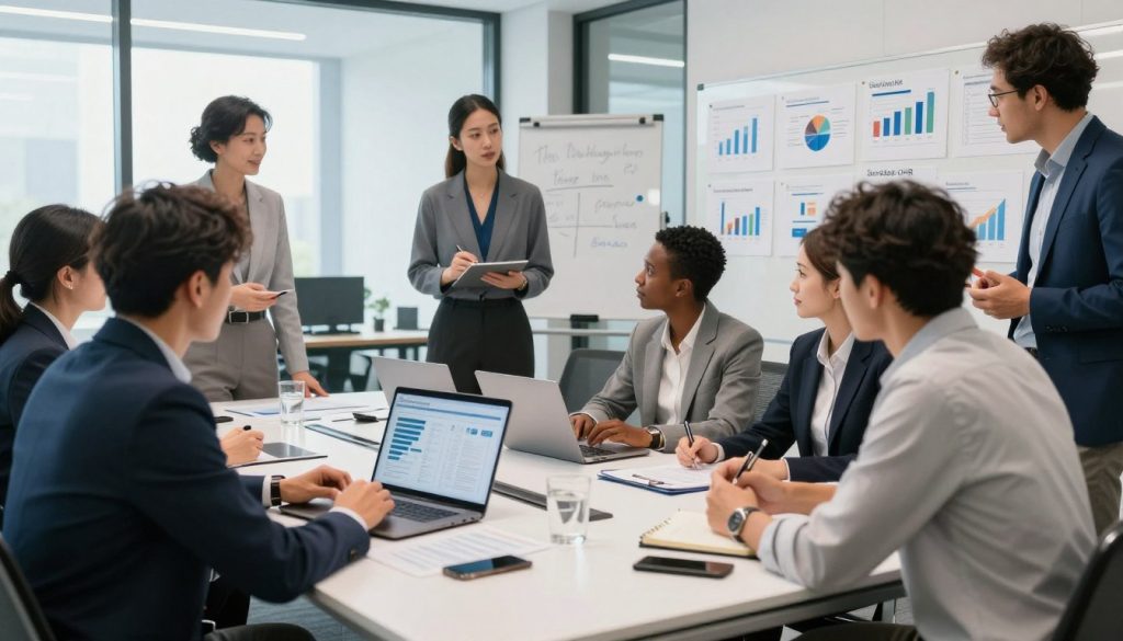A sophisticated office environment depicting a diverse group of management consultants engaged in a lively discussion around a large conference table, showcasing varying specialties within management consulting. The foreground features two consultants, one presenting data on a laptop and the other taking notes, both dressed in professional business attire. In the middle ground, several charts and graphs representing different consulting specialties, like strategy and HR, are pinned on a whiteboard. The background shows a sleek, modern office with large windows allowing natural light to flood the space, highlighting a sense of professionalism and collaboration. The mood is dynamic and focused, emphasizing teamwork and the negotiation process, with the logo "UMALIS GROUP" subtly integrated into the scene. A sophisticated office environment depicting a diverse group of management consultants engaged in a lively discussion around a large conference table, showcasing varying specialties within management consulting. The foreground features two consultants, one presenting data on a laptop and the other taking notes, both dressed in professional business attire. In the middle ground, several charts and graphs representing different consulting specialties, like strategy and HR, are pinned on a whiteboard. The background shows a sleek, modern office with large windows allowing natural light to flood the space, highlighting a sense of professionalism and collaboration. The mood is dynamic and focused, emphasizing teamwork and the negotiation process, with the logo "UMALIS GROUP" subtly integrated into the scene.